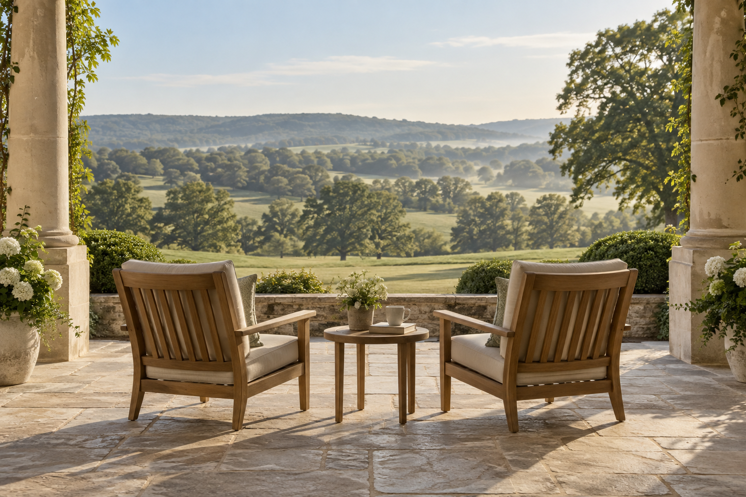 A quiet Kentucky veranda overlooking rolling countryside, illustrative imagery