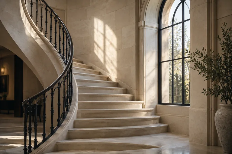 A limestone staircase beside an arched window