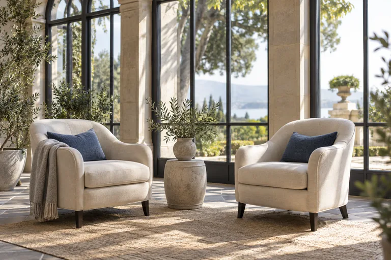 Two lounge chairs in a sunlit conservatory