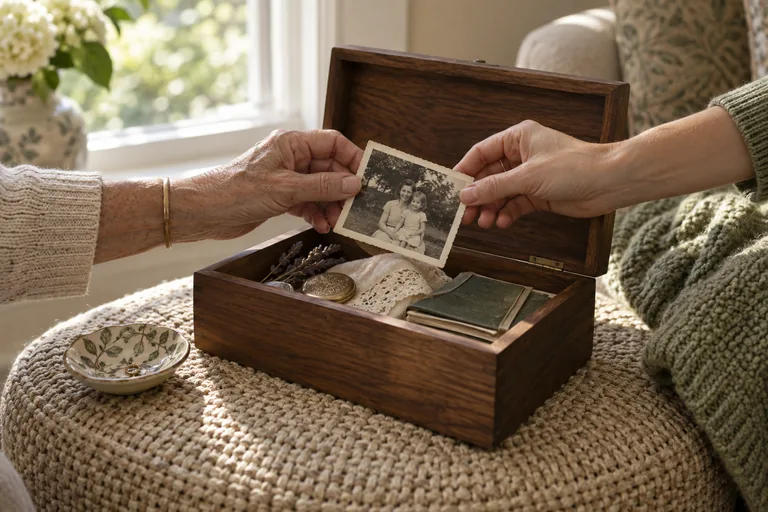 Hands sharing a photograph over a keepsake box