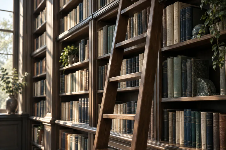 Library shelves and a rolling ladder