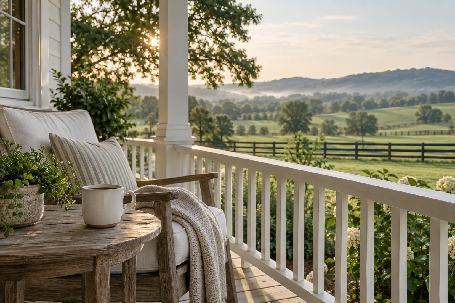 A quiet domestic Kentucky morning on a porch, illustrative imagery