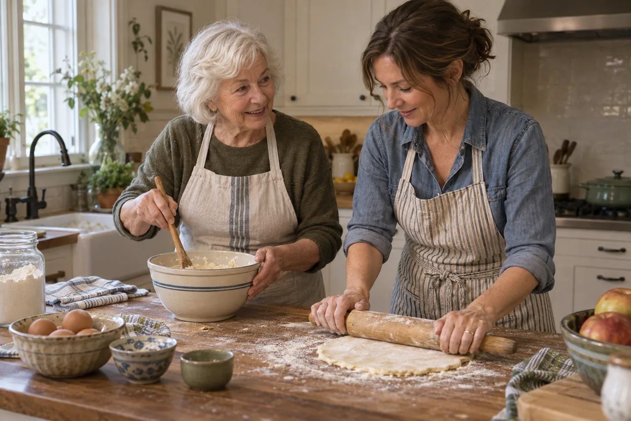 An older adult and an adult child preparing a family recipe together in a lived-in kitchen