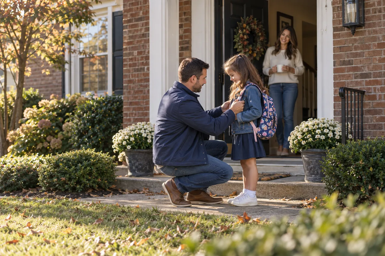 A parent helping a child with a backpack at the front entry of an ordinary family home on a school morning