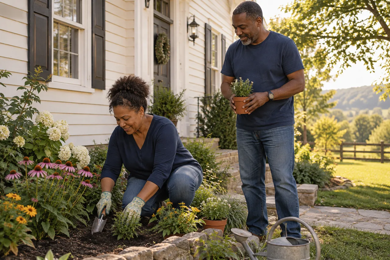 A couple tending a small garden beside their home, absorbed in an ordinary shared task