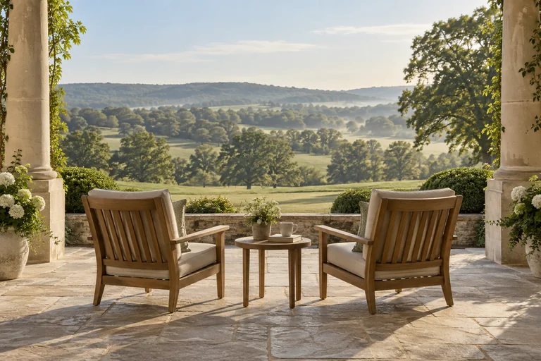 A quiet Kentucky veranda overlooking rolling countryside, illustrative imagery