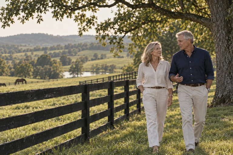 A couple walking together through Kentucky horse country, illustrative imagery